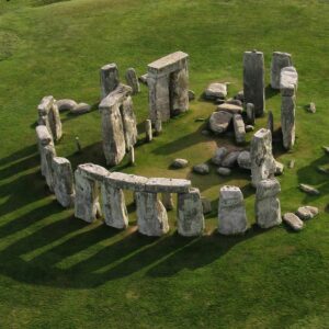 Aerial photo of Stonehenge on a sunny day.